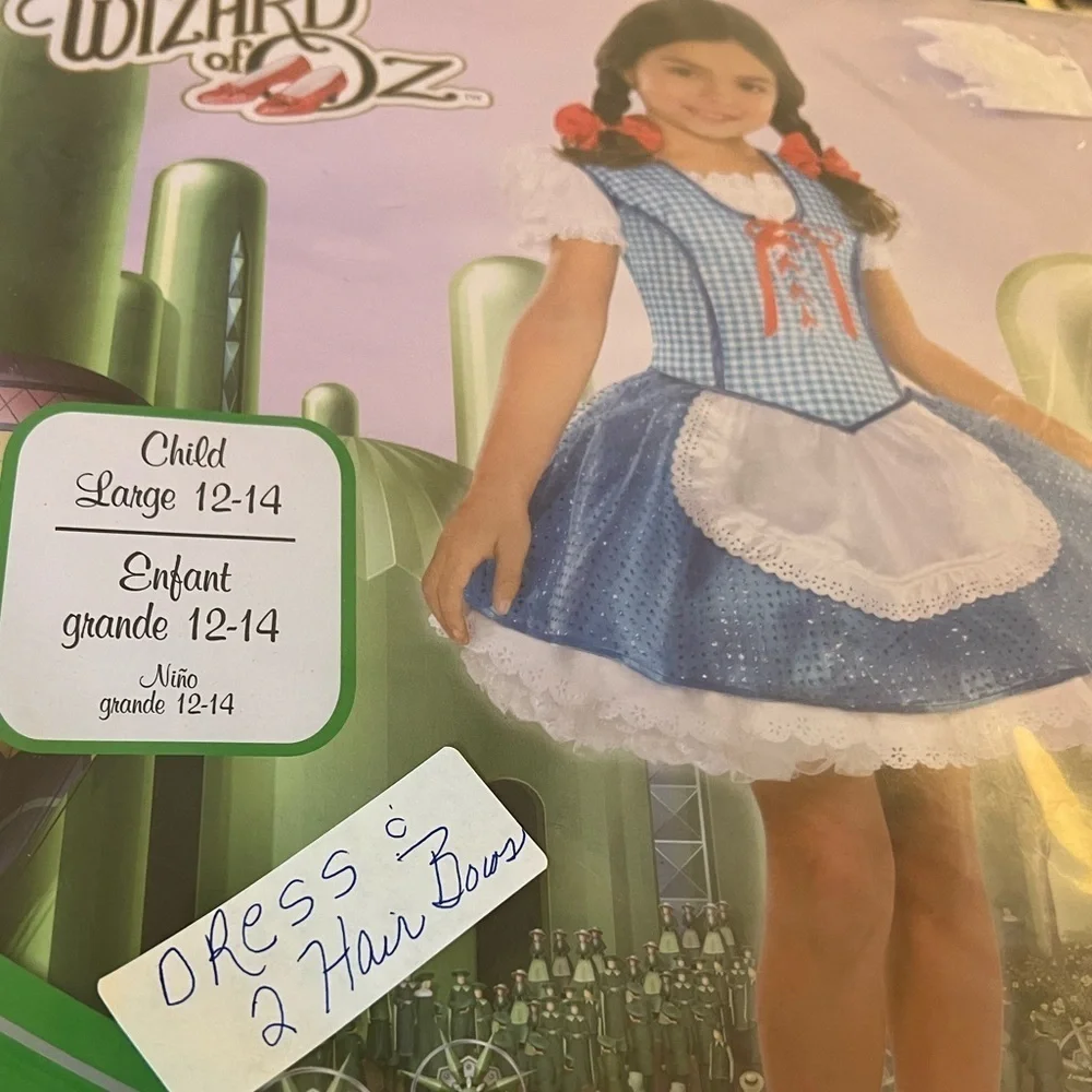 HALLOWEEN COSTUME WIZARD OF OZ  “DOROTHY” KIDS LARGE 12-14. DRESS & 2 RED BOWS